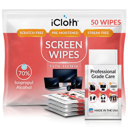 iCloth 70% Isopropyl Alcohol Large Screen and Electronics Wipes, Lint-Free, Streak-Free, Fast-Drying, Removes Dust and Fingerprints (50 Wipes)