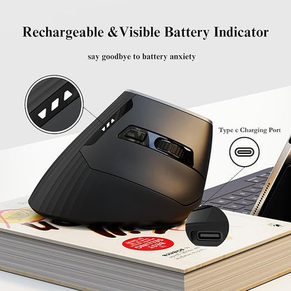 Vertical Mouse Wireless,Bluetooth Mouse with BT5.0/4.0/2.4G, Rechargeable with Battery Indicator,Ergonomic Design for Comfort and Reduced Wrist Strain, Ideal for Home,Office Use,Black