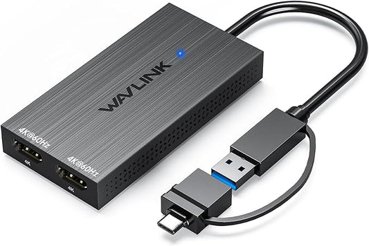 WAVLINK USB 3.0 & USB C to Dual HDMI Adapter 4K@60Hz for Dual Monitor, DisplayLink USB C HDMI Adapter for Apple Mac M1-M5/Macbook Neo, Windows 10/11, ChromeOS (No Linux/iPad/iOS/HDCP), Driver Required