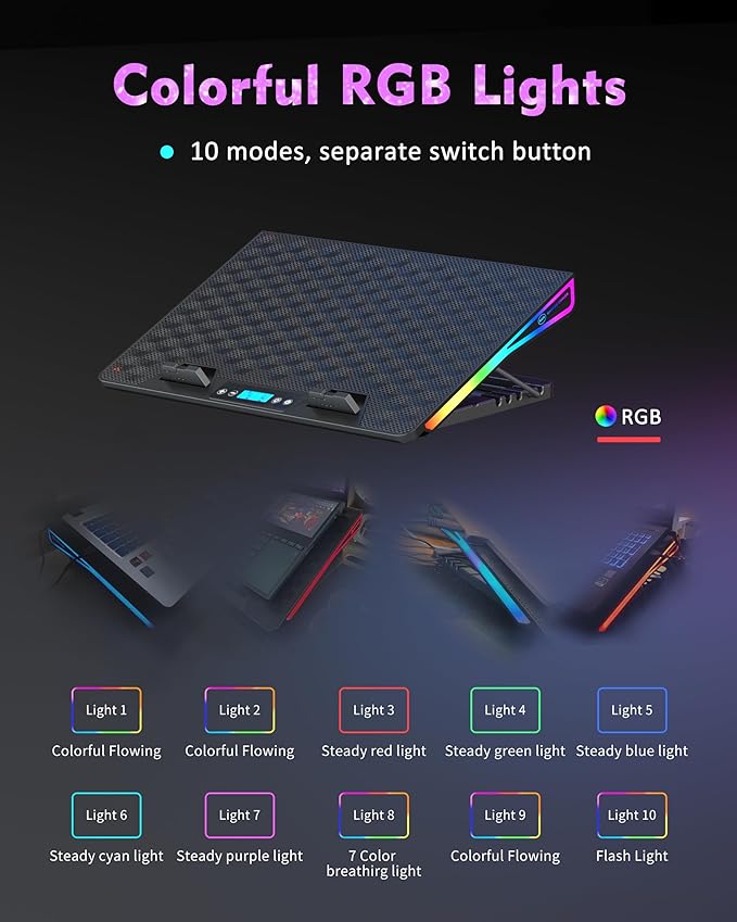AICHESON Laptop Cooling Pad, 15 Powerful Cooling Fans, Gaming Laptop Cooler with RGB Lights for 15-17.3 inch PC Computers