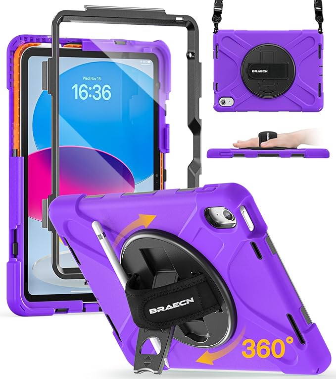 BRAECN for iPad (A16) 11th/10th Generation case 11/10.9 inch 2025/2022 Heavy Duty Shockproof Protective with Pencil Holder Screen Protector 360°Rotating Stand Handle & Shoulder Strap Full Body Cover