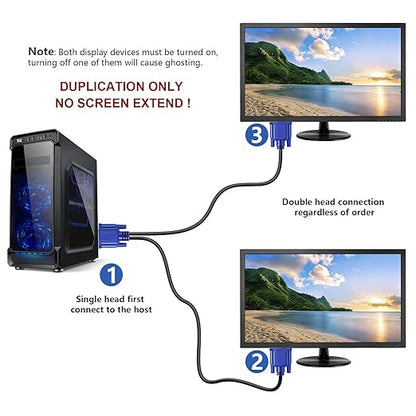 PASOW VGA Splitter Cable (No Screen Extension) 1 Male to 2 Male Dual Monitor Y Adapter 1080P Full HD for projectors, HDTVs, Monitors (6 Feet) - Only for Screen Duplication - Work for Identical Monitor