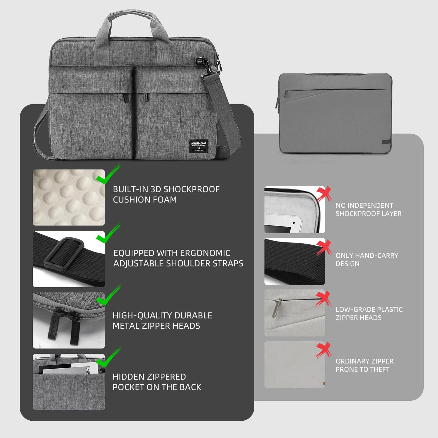 KINGSLONG Slim 17.3 inch Laptop Bag Sleeve Carrying Case with Shoulder Strap, Notebook Ultrabooks Computer Handbag Cover for Men Women Fit for Acer Asus Lenovo HP Toshiba Grey