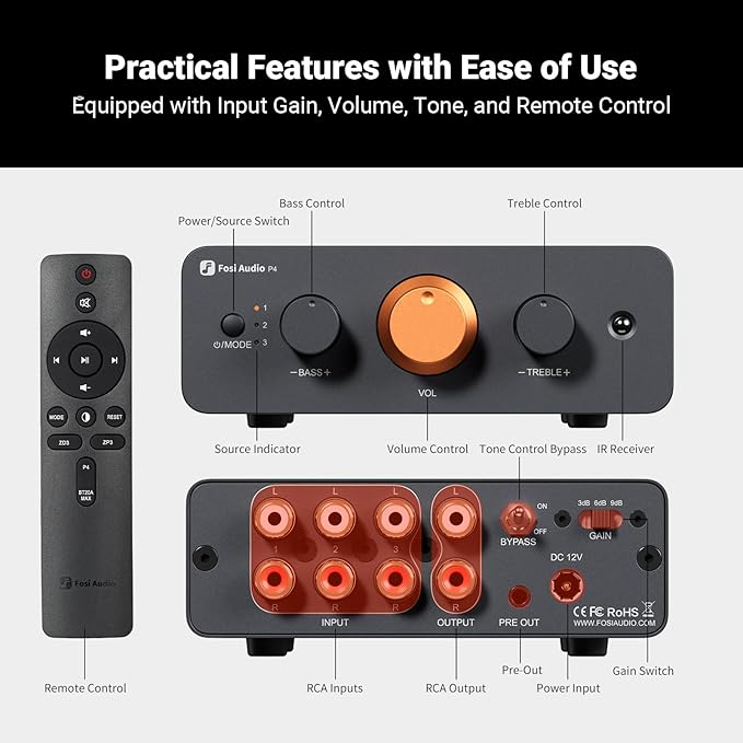 Fosi Audio P4 Mini Preamp with 3 RCA Inputs, Home Audio Stereo Pre amp for Amplifier/Active Subwoofer/Speakers, Preamplifier with 3-Level Adjustable Gain 3/6/9 dB, Bass and Treble Control