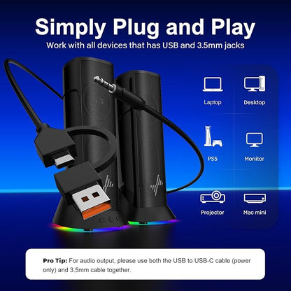 Nylavee Computer Speakers – Hi-Fi Stereo PC Speakers with 9 LED Lighting Modes, Enhanced Bass and Sound, USB/Type-C Powered and 3.5mm Audio Wired Desktop Speakers for PC, Laptop, Monitor, PS5, Xbox