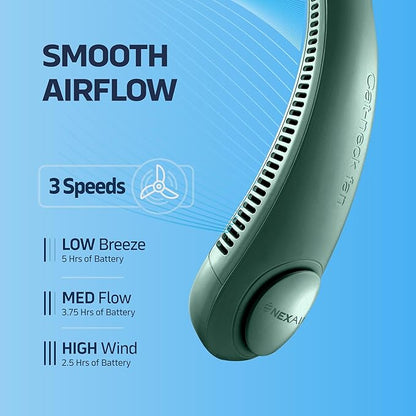 Portable Neck Fan - 3 Speed Rechargeable Bladeless Neck Fan, Adjustable Personal Green Neck Fan For Women & Men Modern Design, Great Cooling Fan For Travel, Outdoors & Sports