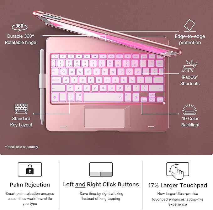 typecase Touch Case with Keyboard for iPad 9th Generation (10.2", 2021), Multi-Touch Trackpad, 10 Color Backlight, 360, Thin & Light - iPad 8th Gen (2020), 7th Gen (2019), Air 3, Pro 10.5 (Rose Gold)