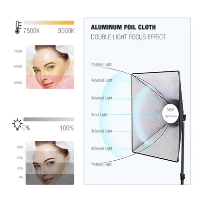 BEIYANG Softbox Lighting Kit, 2x20''x28'' Photography Soft Box with 2 pcs 6000K E27 LED Socket LED Bulbs, Studio Lights for Photography/Video Recording/Live Streaming