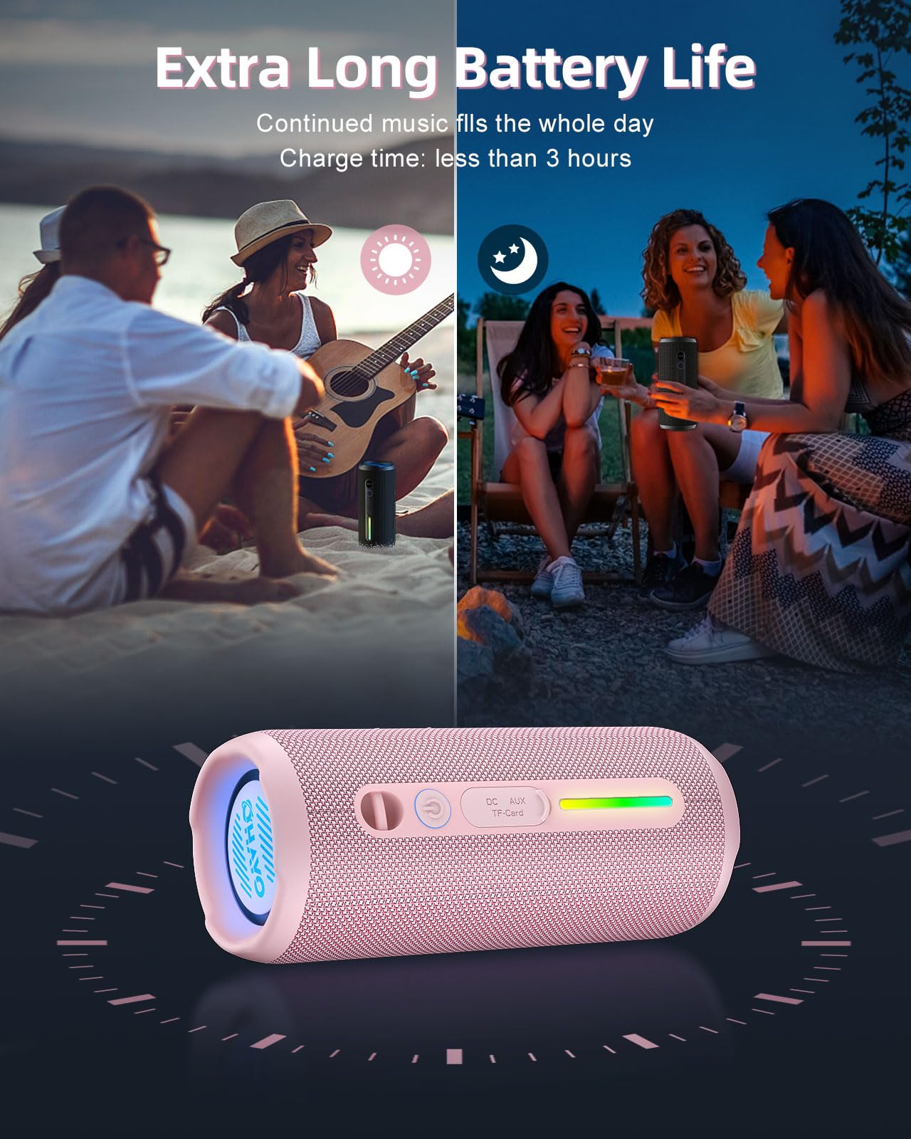 OHAYO Portable Bluetooth Speaker IPX7 Waterproof, 24W Wireless Stereo Speaker with Extra Bass, Bluetooth 5.3, 30-Hour Playtime & Colorful LED Lights for Pool, Camping, Beach, Party (Black)