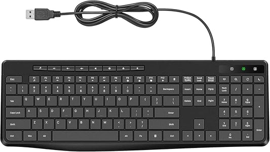 Virfour Wired Keyboard,Quiet Keyboard, Multimedia USB Computer Keyboard, Silent Keyboardwith Low Profile Chiclet Keys,Large Number Pad,Spill-Resistant,Anti-Wear Letters,Full Size for Laptop,Desktop