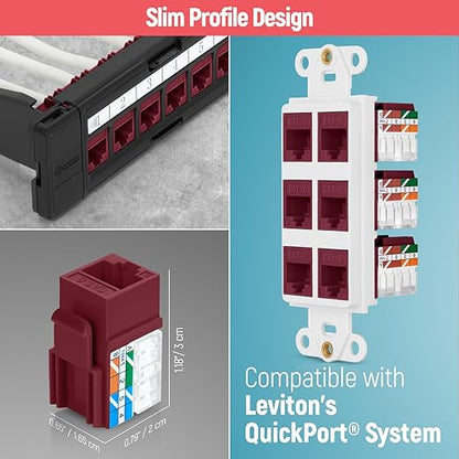 Everest 90° Angled RJ45 Cat6 Keystone Jacks 100-Pack in Red - Slim Profile Female RJ45 Connectors - Cat 6 Keystone Jack - Compatible with 90° Angled Speed Termination Tool - easyJACK (B094WB91H3)