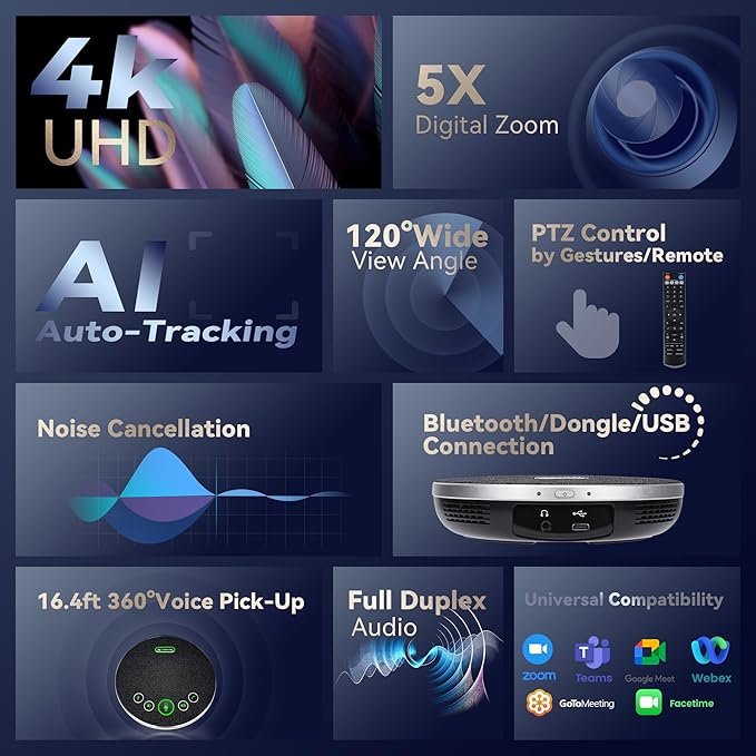 TONGVEO 4K Conference Room Camera System with Gesture Control, AI Auto-Tracking PTZ Camera 5X Digital Zoom with Speakerphone Set 120° Wide-Angle USB3.0 for Remote Meetings Zoom Teams OBS and More