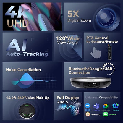TONGVEO 4K Conference Room Camera System with Gesture Control, AI Auto-Tracking PTZ Camera 5X Digital Zoom with Speakerphone Set 120° Wide-Angle USB3.0 for Remote Meetings Zoom Teams OBS and More
