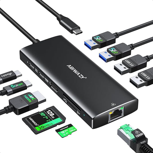 USB C Docking Station Dual Monitor for Dell/HP/Lenovo/Surface Laptop, 15 in 1 Triple Display Multiport Adapter Hub, USBC Dock Dongle with 2 HDMI+VGA+6 USB C/A+Button+100W PD+Ethernet+SD/TF+Audio