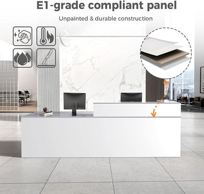 Reception Desk with Counter, Modern Front Desk Reception Counter with Keyboard Tray, Lockable Drawer and Storage Shelves for Office, Retail, Salon(White+Gray/Left, 63" L*24" W*39" H)