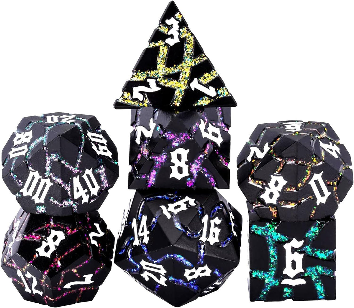 Maywin Cracked Rune Metal Dice Set for DND & RPG – Dark Fantasy Fractured Design, Premium Heavy Metal Polyhedral Dice with Deep Engraved Numbers, 7-Piece Set – Blue Arcane Vein