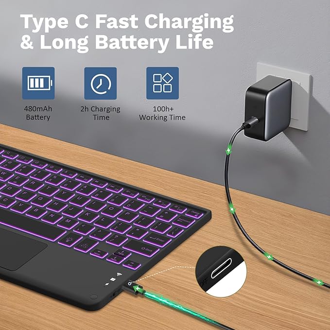 MoKo Touch Keyboard Case for iPad (A16) 11th Generation 11 inch 2025,iPad 10th Generation 10.9 inch Case with Pencil Holder,7 Colors Backlit Multi-TrackPad Detachable Bluetooth Keyboard,Notebook Black
