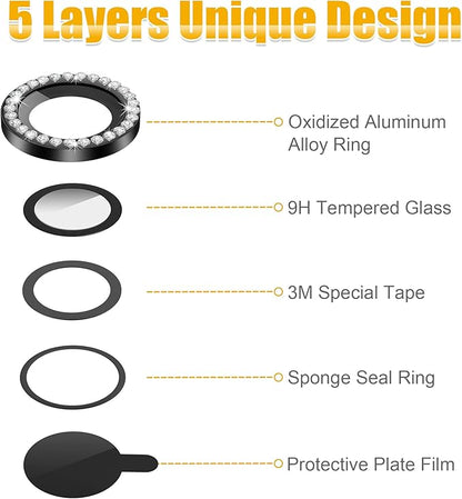 AGVEE 3+3 6 Pack for iPhone 14 Pro 6.1" / 14 Pro Max 6.7" Camera Lens Protector, Bling Diamond & Bling Glitter Metal Ring 9H Tempered HD Glass Camera Protector Cover Film, Bling-Black