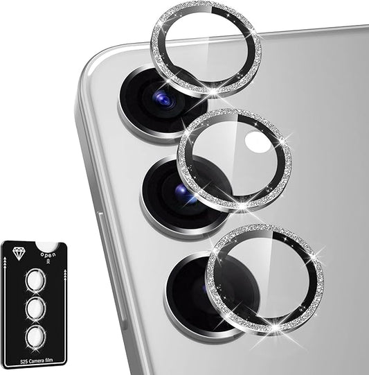 Avocase for Samsung Galaxy S25 Plus Camera Lens Protector, Individual Metal Ring Tempered Glass Lens Cover, [Strong Adsorption] Scratch Resistant Ultra-Thin HD Clear Lens Cover, 1 Set-Silvery Sparkly