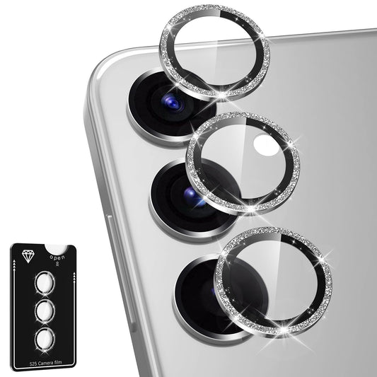 Avocase for Samsung Galaxy S25 Camera Lens Protector, Individual Metal Ring Tempered Glass Lens Cover, [Strong Adsorption] Scratch Resistant Ultra-Thin HD Clear Lens Cover, 1 Set-Silvery Sparkly