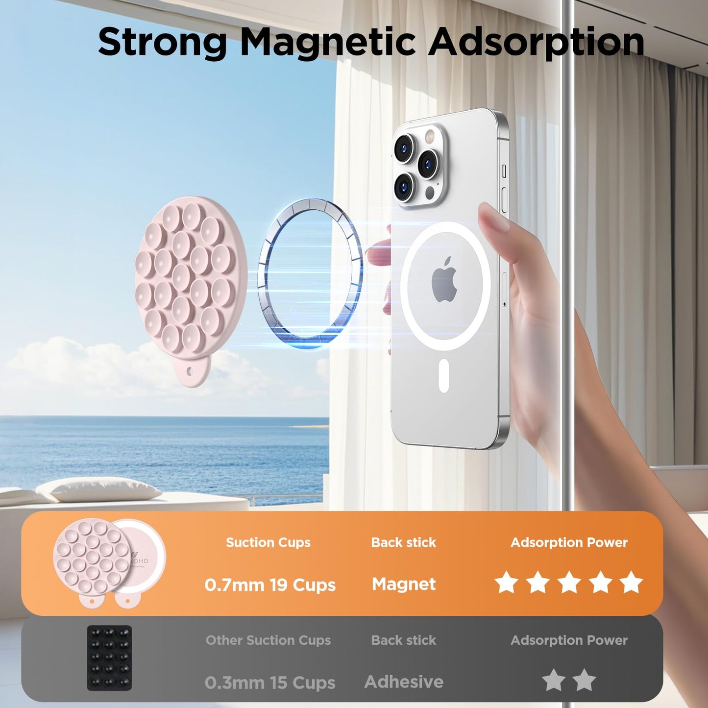 HSAOHD Magnetic Suction Cup Phone Mount, Compatible with MagSafe, Silicone Octo Cup Buddy Sticky Grip Holder for iPhone and Android, Removable Hands-Free Selfie/Video for TikTok, Lovely Pink