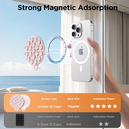 HSAOHD Magnetic Suction Cup Phone Mount, Compatible with MagSafe, Silicone Octo Cup Buddy Sticky Grip Holder for iPhone and Android, Removable Hands-Free Selfie/Video for TikTok, Lovely Pink