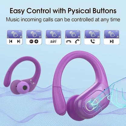 Wireless Earbuds 75H Bluetooth 5.4 Sport Headphones with Earhooks, Purple