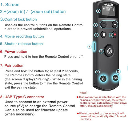 Remote Control for Fujifilm Camera,USB-C Rechargeable Wireless Shutter Release with OLED Screen for Fujifilm Fuji X100VI,X-T5,X-T4,X-T3,X-T50,X-T30II, X-T30,X-S20,X-S10,X-H2S,X-H2,X-E5 (Black)
