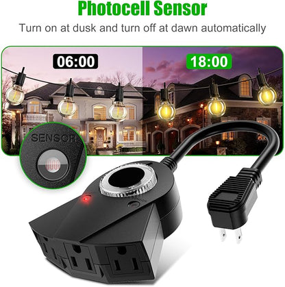 Outdoor Light Timer Waterproof, 24 Hours Plug in Timer with 2, 4, 6 or 8 Hours Countdown Mode, 3 Grounded Dusk to Dawn Electrical Outlet for Outdoor Backyard Garden Patio Lights Christmas Decorations