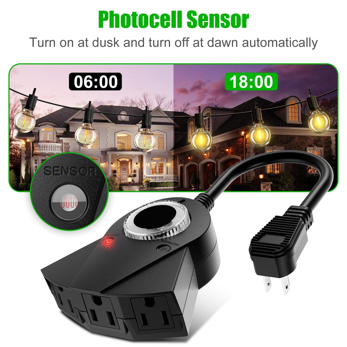 Outdoor Light Sensor Timer, 24 Hours Heavy Duty Waterproof Outlet Timer with 2, 4, 6 or 8 Hours Countdown Mode, 3 Grounded Electrical Outlet for Home Backyard Garden (2 Pack)
