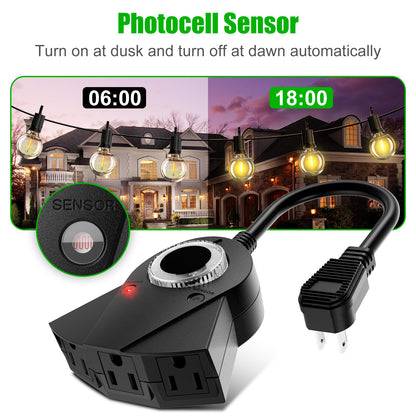 Outdoor Light Sensor Timer, 24 Hours Heavy Duty Waterproof Outlet Timer with 2, 4, 6 or 8 Hours Countdown Mode, 3 Grounded Electrical Outlet for Home Backyard Garden (2 Pack)