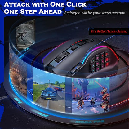 Redragon Gaming Mouse, MMO Mouse Gaming UP 12400 DPI, 19 Macro Programmable Buttons, RGB Mouse with 12 Side Buttons, 8 * 2.4g Weight Tuning for PC Laptop MOBA FPS, M901K, Black