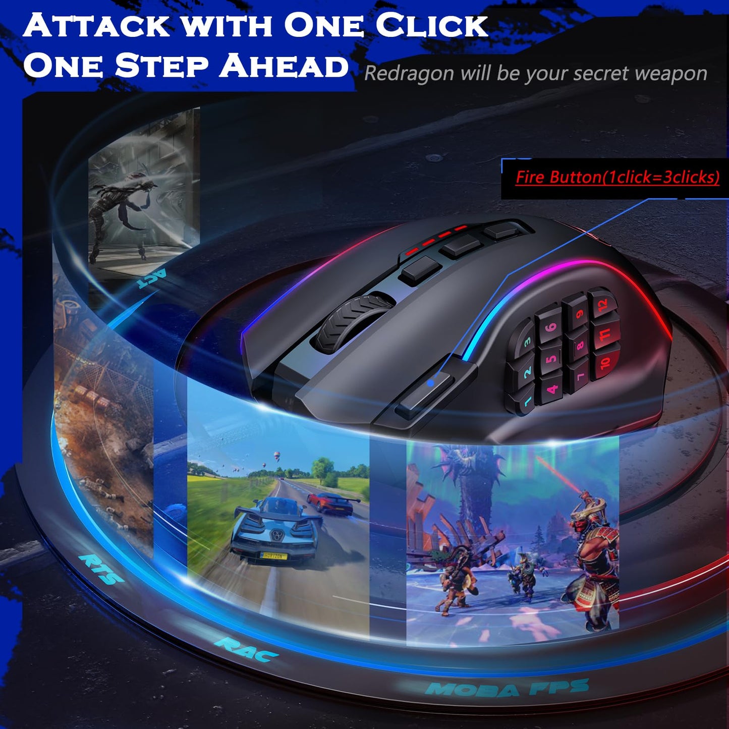 Redragon Gaming Mouse, MMO Mouse Gaming UP 12400 DPI, 19 Macro Programmable Buttons, RGB Mouse with 12 Side Buttons, 8 * 2.4g Weight Tuning for PC Laptop MOBA FPS, M901K, Black