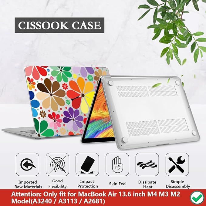 CISSOOK Compatible with MacBook Air 13.6 inch Case 2025 2024 2023 2022 Release A3240 A3113 A2681, Plastic Hard Shell Case Keyboard Cover Set for MacBook Air 13 inch M2 M3 M4, Colorful Floral