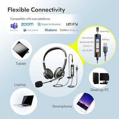 Earbay USB Headset with Microphone for PC, Computer Headset with Microphone Noise Cancelling for Laptop, 3.5mm Jack On-Ear Wired Headphones with Mic, Volume Control for Call Center/Skype/Zoom/Webinar