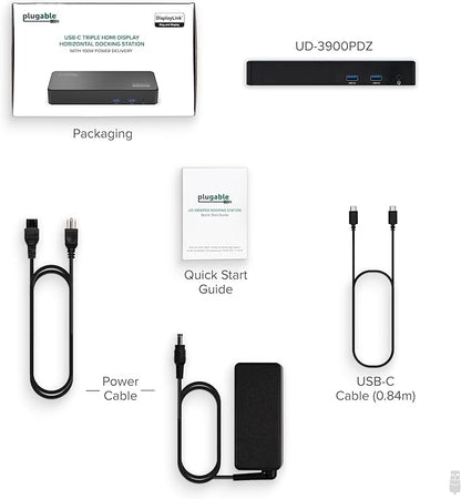 Plugable USB C Triple Display Docking Station with Laptop Charging, for Thunderbolt, USB4, or USB-C Systems, Compatible with Windows, macOS, ChromeOS laptops (3X HDMI, 6X USB 5Gbps Ports, 100W PD)