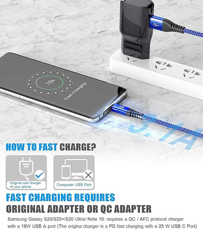 sweguard USB Type C Charger Cable [3-Pack,10ft+6.6ft+3.3ft] iPhone 15 Charger Nylon Braided Cord for iPhone 15 Pro Max Samsung Galaxy S23 S22 S21 S20 S10 Note 20 10 Flip A53 A54 Pixel LG Moto PS5-Blue
