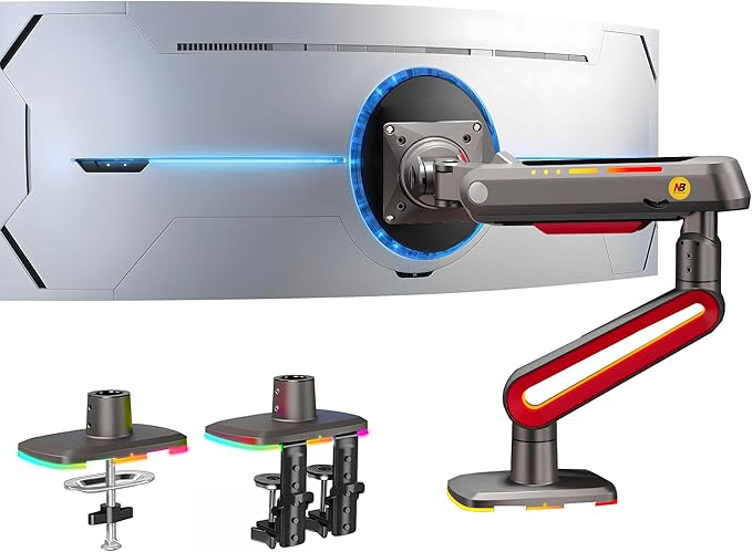 RGB Gaming Monitor-arm for Flat/Ultrawide/Curved Monitors 32 to 60 inch, Heavy Duty Stand Load up to 20 kg, VESA 75/100 mm Monitor-Mount L60