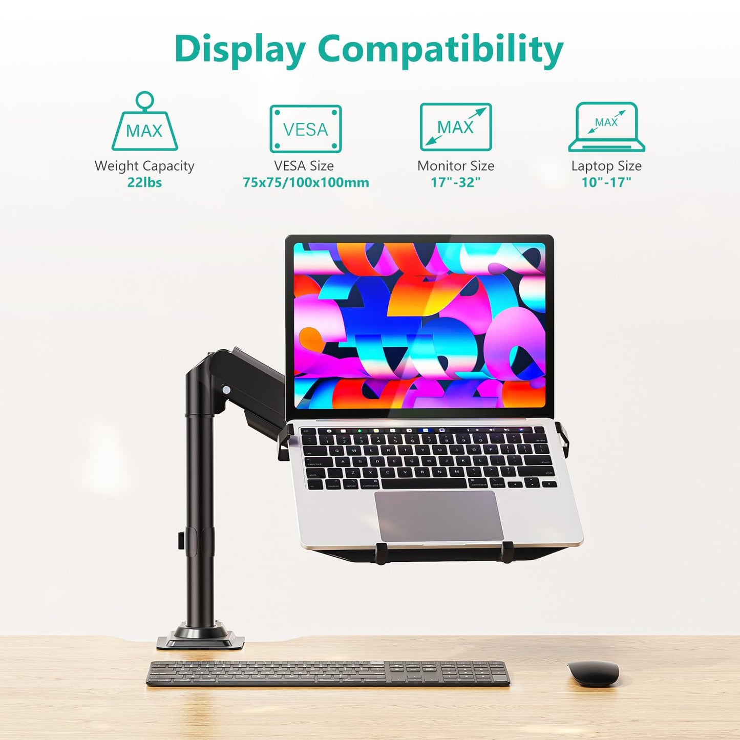 WALI Laptop Desk Mount for 15.6 inch Notebook, Fully Adjustable Single Monitor Arm with Laptop Holder for 32 inch Screen, Laptops Stand with Ventilated Tray, Up to 22 Lbs, (GSDM00LP), Black