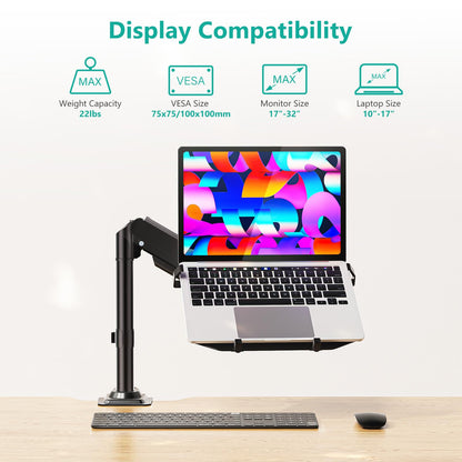 WALI Laptop Desk Mount for 15.6 inch Notebook, Fully Adjustable Single Monitor Arm with Laptop Holder for 32 inch Screen, Laptops Stand with Ventilated Tray, Up to 22 Lbs, (GSDM00LP), Black