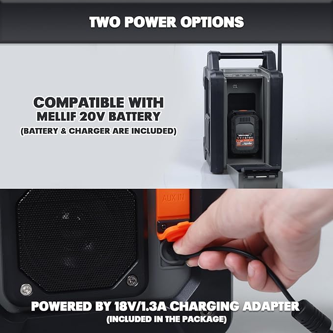 Mellif Jobsite Radio Speaker Compatible with Dewalt 20v Max Battery, Enhanced Signal Reception, 100ft Wireless Range, Stereo, IPX54 Waterproof, TWS, AM/FM Presets, 2.0 Battery & 18V AC Power Cord