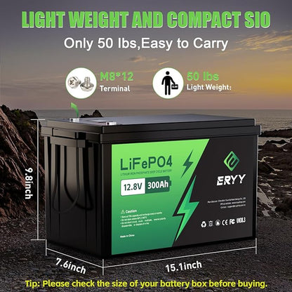 12V 300Ah LiFePO4 Battery, 12V Lithium Battery with 200A BMS, 3840Wh Energy, Deep Cycle Battery, Lithium Iron Phosphate Battery for Trolling Motor, Solar, RV, Camping, Van, Marine