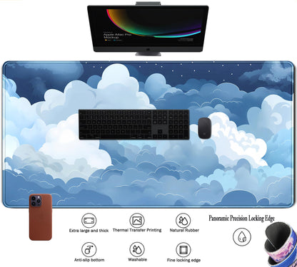 Aesthetic Blue and White Puffy Clouds Desk Mat, XXL Large Kawaii Blue Extended Gaming Mouse Pad with Stitched Edges, Cute Big Laptop Keyboard and Mouse Mat for Women Office Decor Mat 31.5x15.7 in
