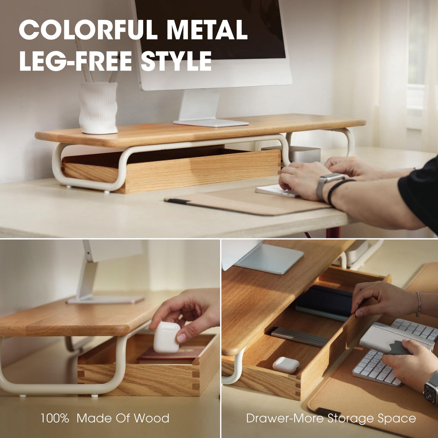 Fenge Solid Wood Monitor Stand with Large Drawer, Oak