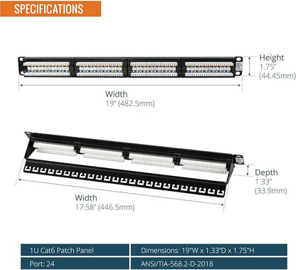 Tecmojo 24 Port Patch Panel, Cat6 Patch Panel, 1U Patch Panel, Network Patch Panel for 19 inch Rack Mount equipments, 10G Support, with Cable Management, Unshielded