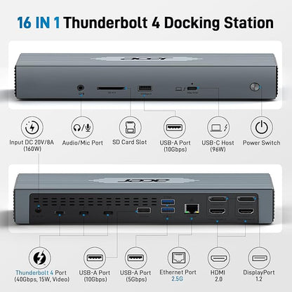 Acer Thunderbolt 4 Dock, 16 in 1 Quad Monitor DisplayLink Docking Station 40Gbps with 8K Display, 10Gbps Data Ports, 160W Power, 2.5G Ethernet, SD 4.0 Card Reader USB C Hub for MacBook, PC, Laptop