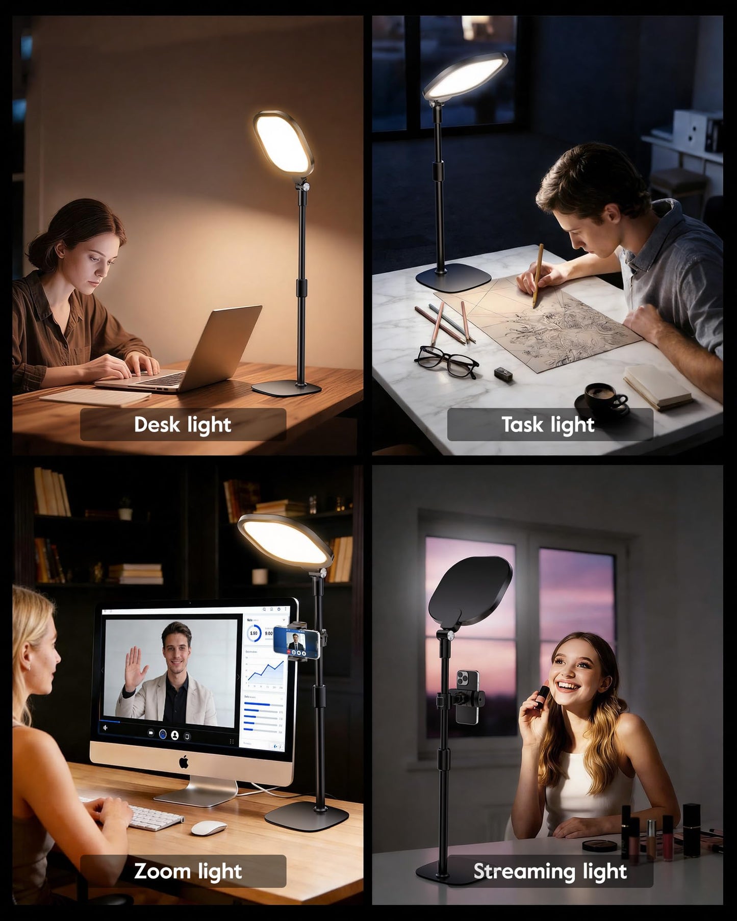 LitONES 2Pcs Desktop Video Conference Lighting for Zoom Meeting, Computer, Laptop, Work from Home with Nature Soft Light, Adjustable Brightness & Color Temp and Flexible Stand & Versatile Phone Holder