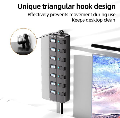 VEMONT 7-Port USB 3.0 Hub (Equipped with a 4-Foot Data Cable, Individual Switch, and Indicator Light, it Supports Data Transfer speeds of up to 5Gbps) Suitable for Desktop Computers and laptops.