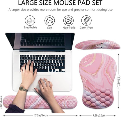 Mouse Pad Wrist Support, Laokiiy 2 in1 Keyboard Wrist Rest+ Ergonomic Mouse Pad, Non-Slip Wrist Rest for Computer Keyboard, Made Easy Typing & Relieve Wrist Pain(Rose Gold Pink Marble)