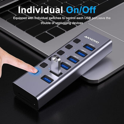 Powered USB Hub with TF/SD Card Reader, 8-Port USB 3.0 Hub with 6 USB 3.0 Data Ports, USB Spilter with Individual On/Off Switches，Aluminum USB Hub with AC Adapter for PC, Desktop, MacBook